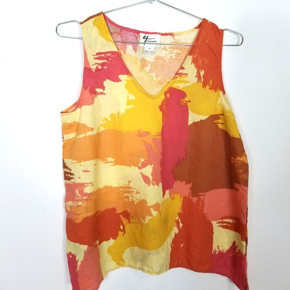 Andrea Jovine Brushstroke Abstract Art  Wear Linen Blend Women V Neck Tank Sz M‎